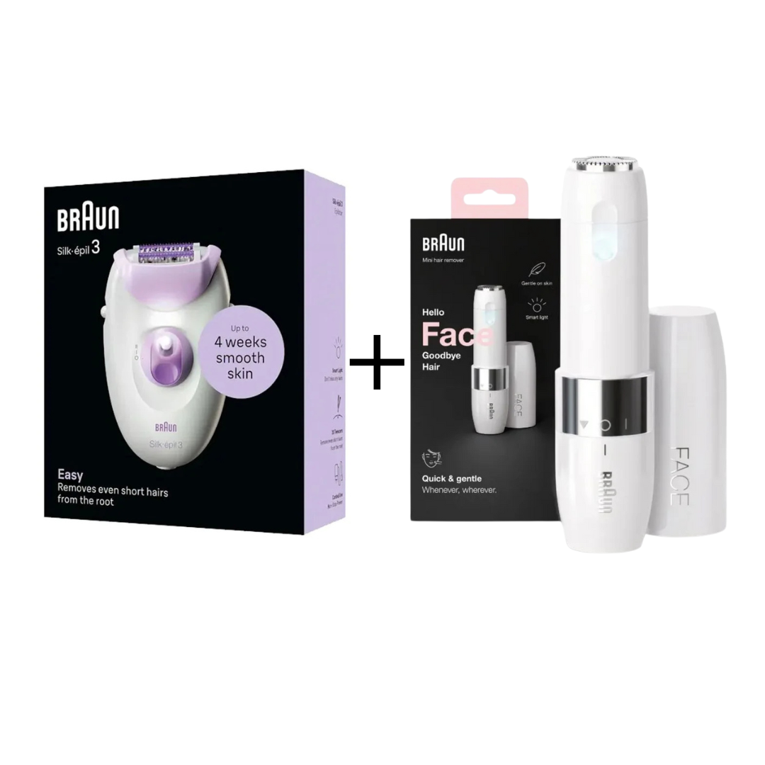 Braun Face Mini Hair Remover FS1000 + Braun Silk-épil 3 Epilator - Smart Light - SE3-000