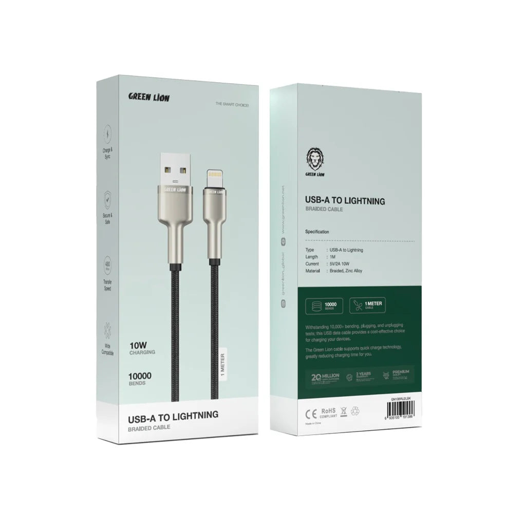 كابل جرين ليون USB A إلى Lightning مضفر 18 واط أسود GN10BRU2LBK