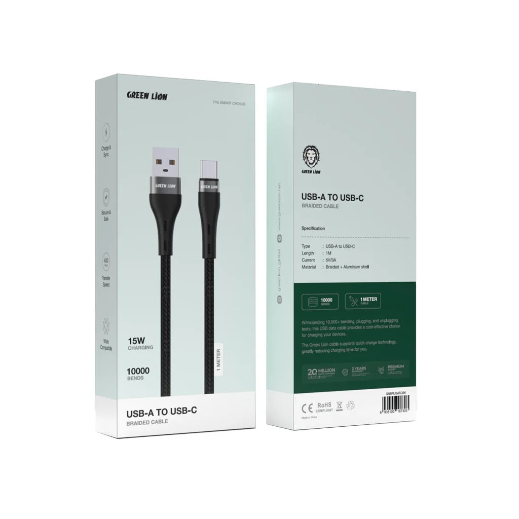 كابل جرين ليون USB A إلى USB C مضفر أسود GNBRUSATCBK