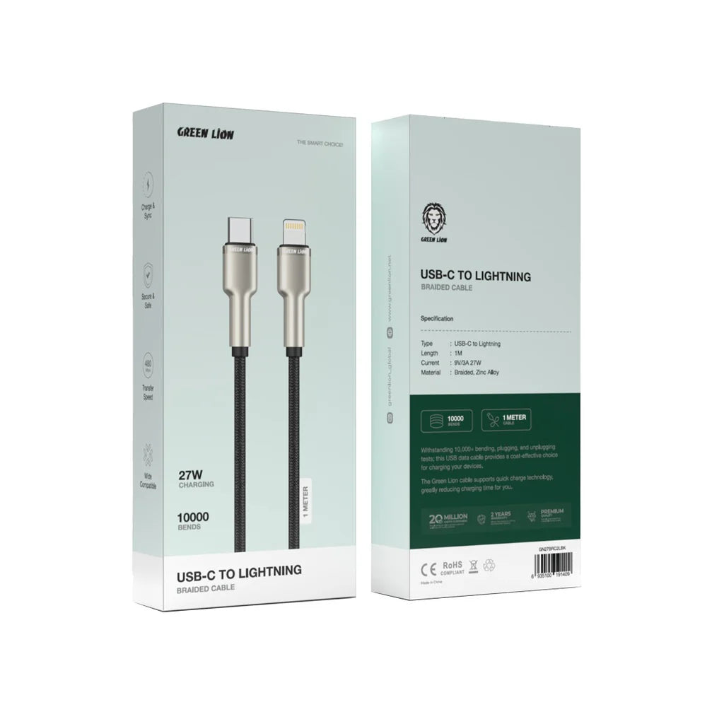 كابل جرين ليون USB C إلى Lightning مضفر 27 واط أسود GN27BRC2LBK