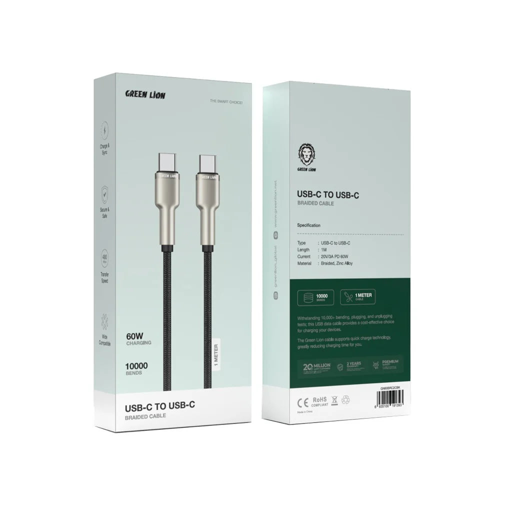 كابل جرين ليون USB C إلى USB C مضفر 60 واط أسود GN60BRC2CBK