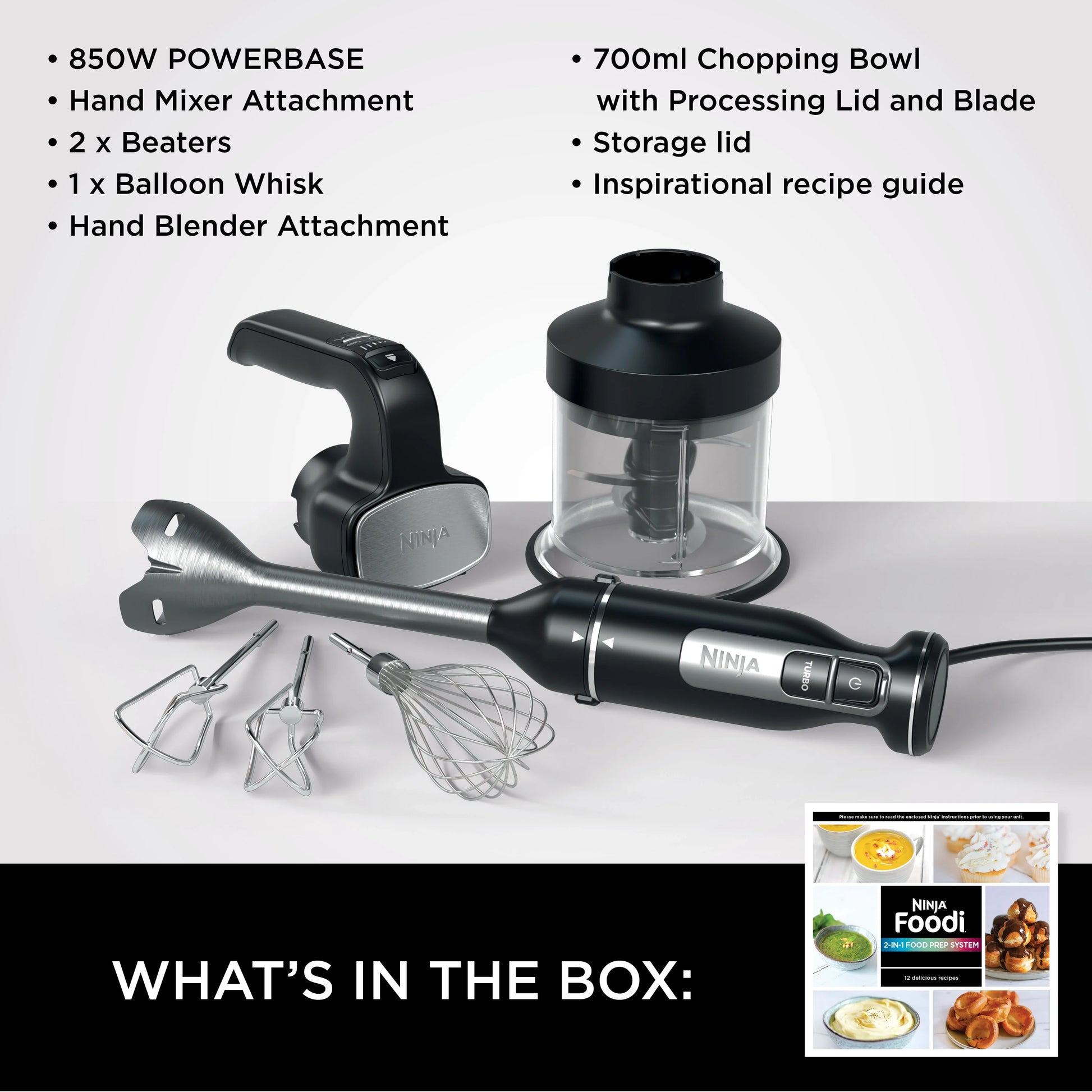 Ninja Foodi 3-in-1 Hand Blender, Mixer & Chopper CI100ME | 850W, خلاط يدوي نينجا Foodi 3 في 1 مع مفرمة وخفاقة | 850 واط CI100ME