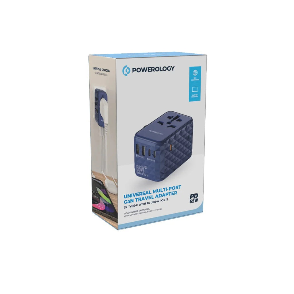 شاحن سفر عالمي Powerology GaN Travel Adapter 65W متعدد المنافذ P65W3PD-BU