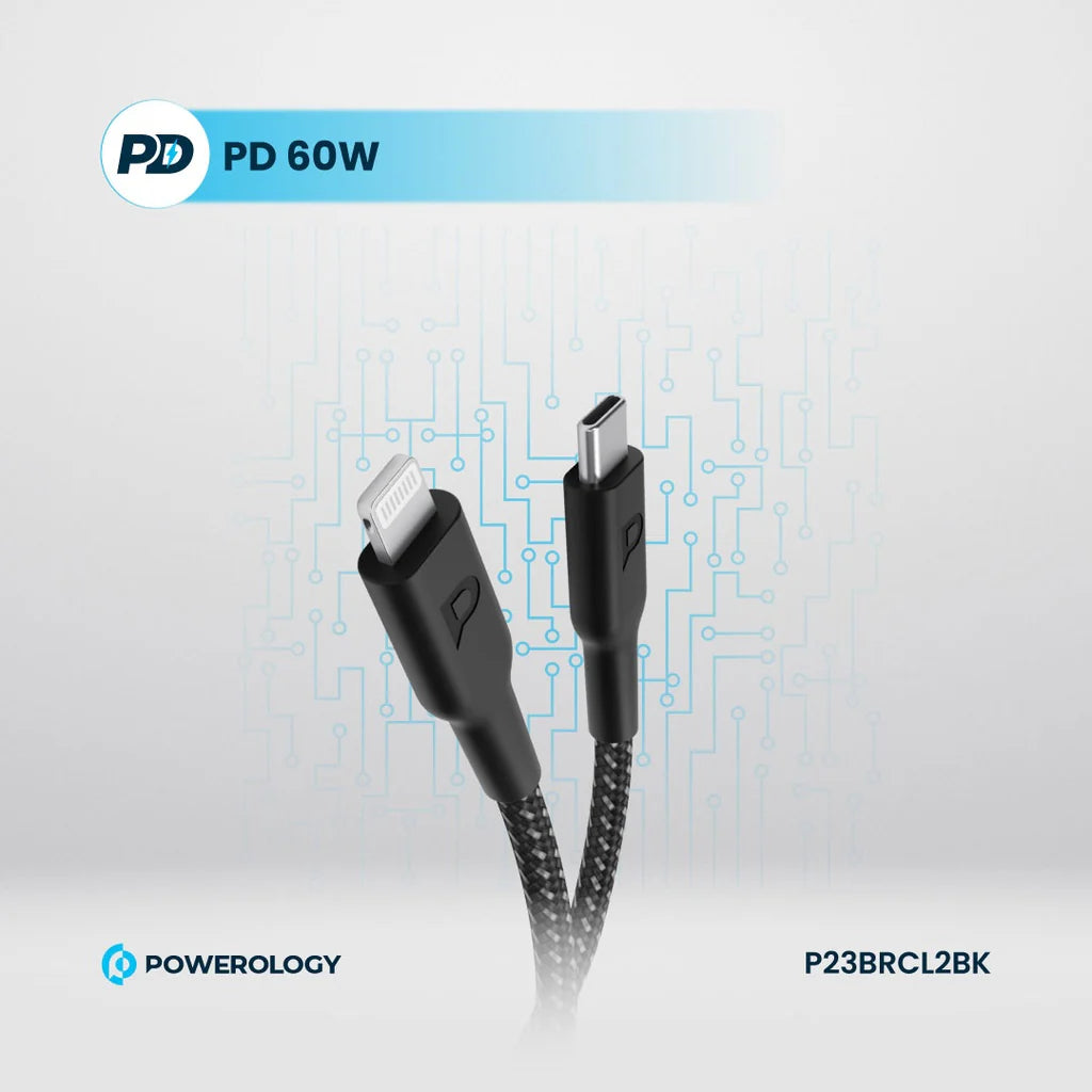 Powerology Braided Type C to Lightning Cable 2m PD 60W Black P23BRCL2BK