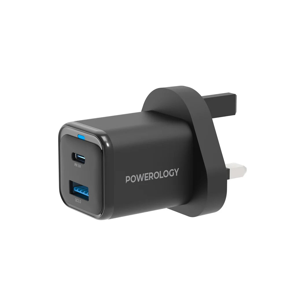 شاحن سريع Powerology GaN Dual Port 35W USB C و USB A أسود PWCUQC023