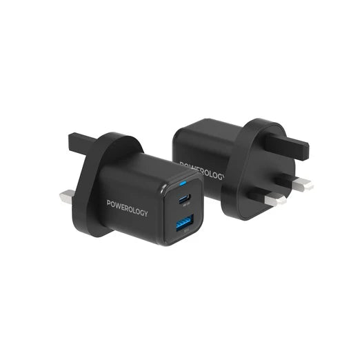 شاحن سريع Powerology GaN Dual Port 35W USB C و USB A أسود PWCUQC023