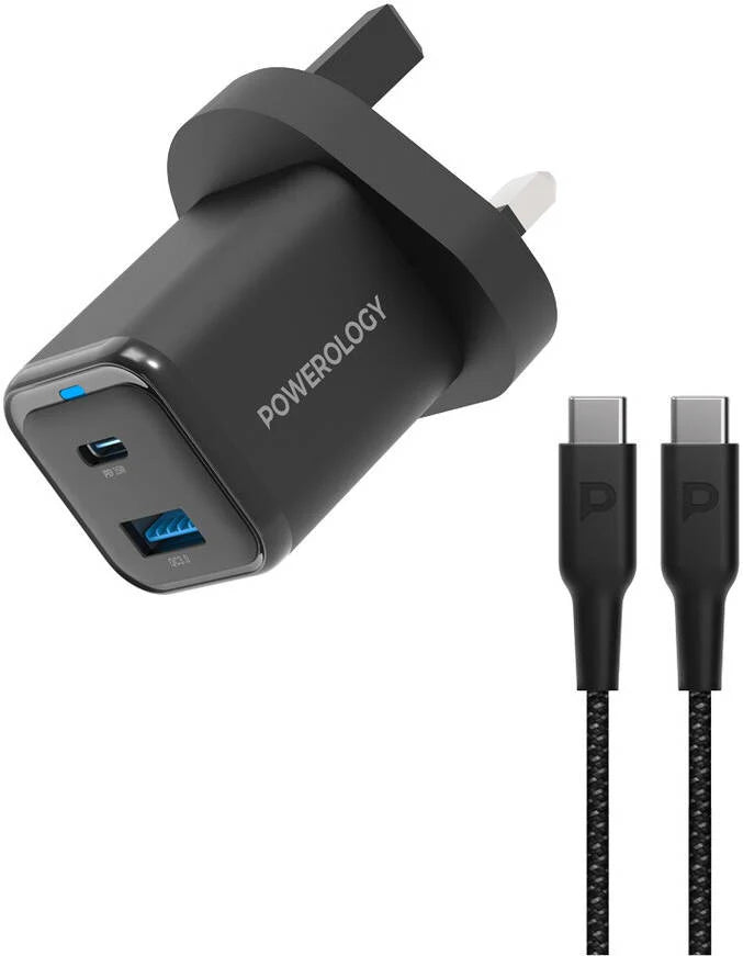 شاحن سريع Powerology GaN Dual Port 35W USB C و USB A أسود PWCUQC023