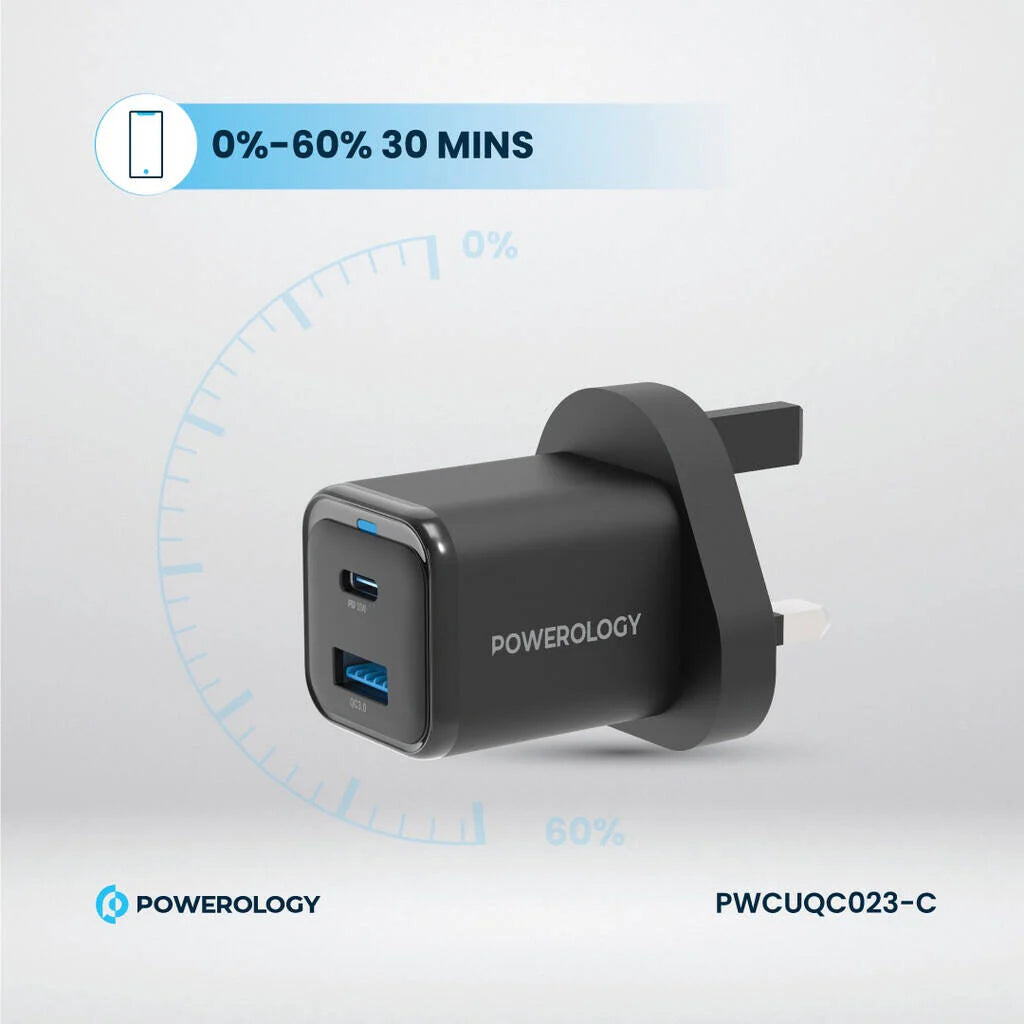 شاحن سريع Powerology GaN Dual Port 35W USB C و USB A أسود PWCUQC023