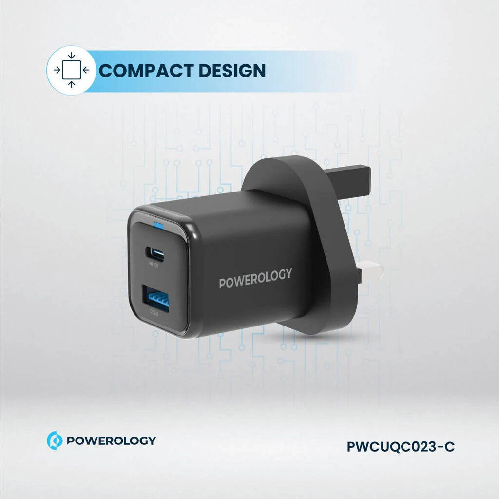 شاحن سريع Powerology GaN Dual Port 35W USB C و USB A أسود PWCUQC023