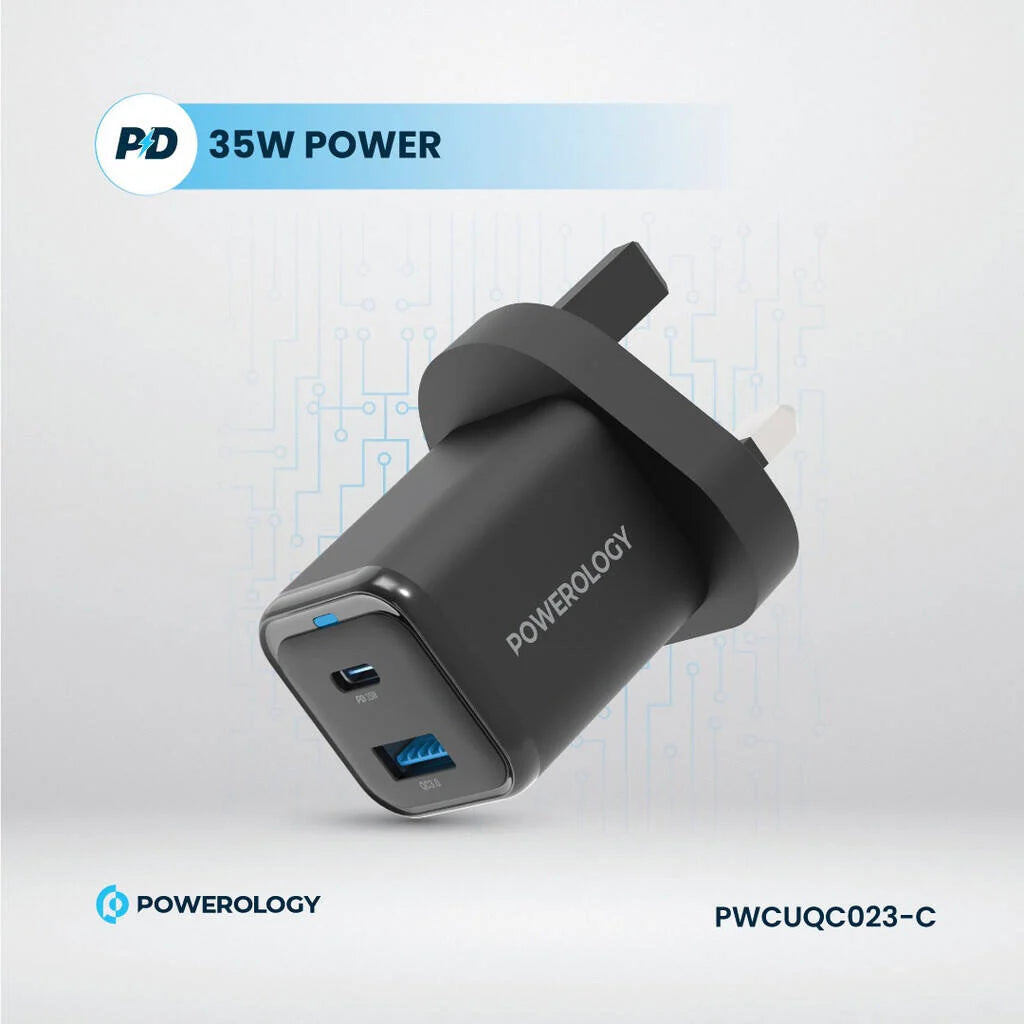 شاحن سريع Powerology GaN Dual Port 35W USB C و USB A أسود PWCUQC023