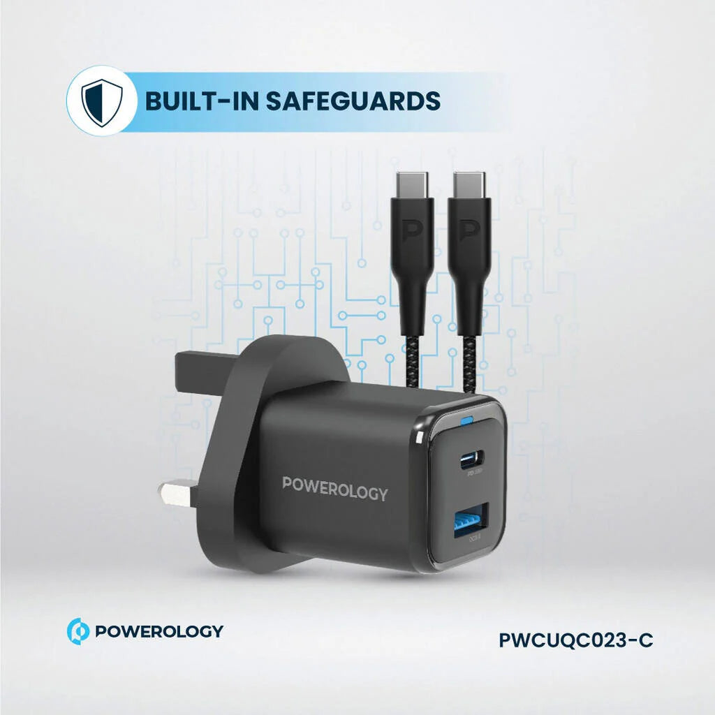 شاحن سريع Powerology GaN Dual Port 35W USB C و USB A أسود PWCUQC023