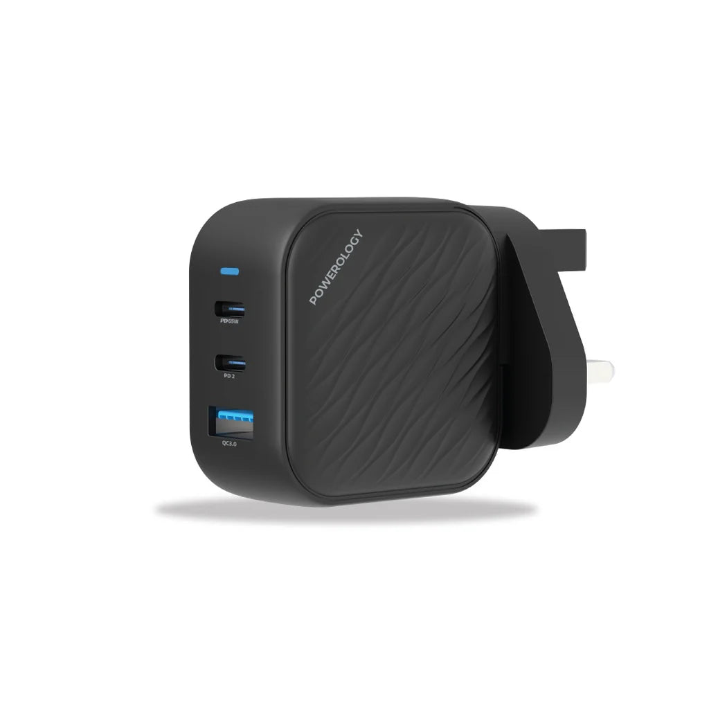 Powerology GaN Ultimate Dual PD 65W Charger with QC 3.0 Black PWCUQC018