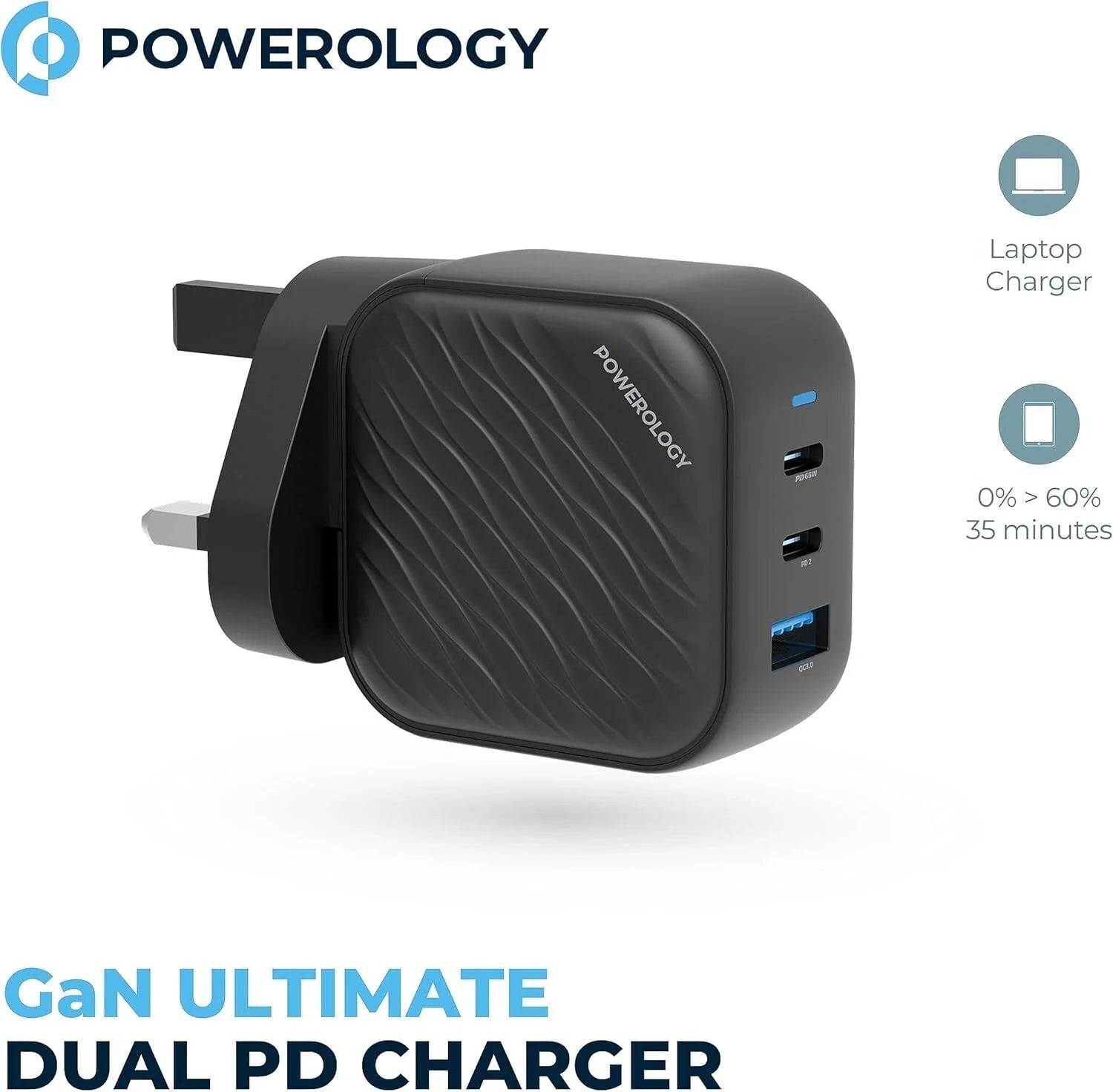 شاحن باورولوجي GaN Ultimate ثنائي PD بقدرة 65 واط مع Quick Charge أسود PWCUQC018