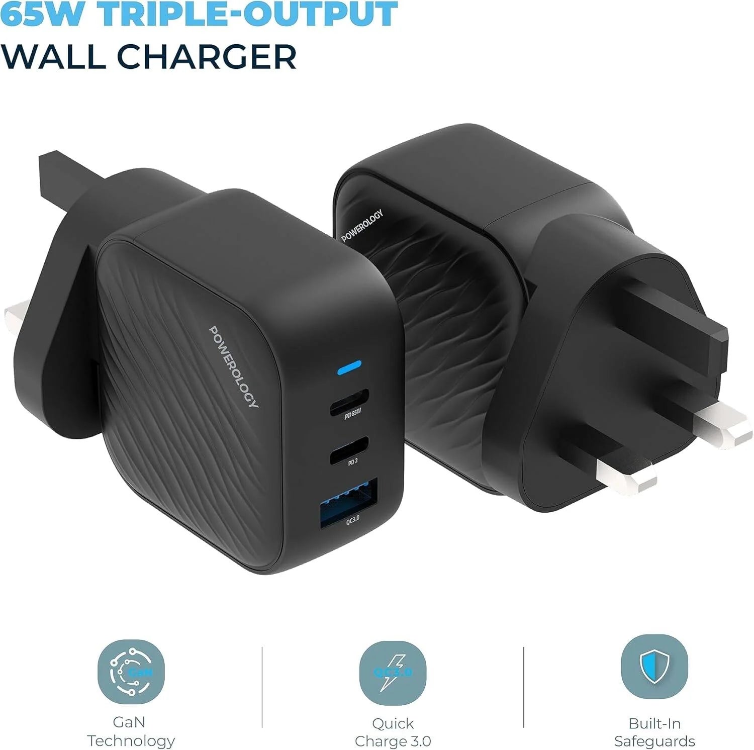 شاحن باورولوجي GaN Ultimate ثنائي PD بقدرة 65 واط مع Quick Charge أسود PWCUQC018
