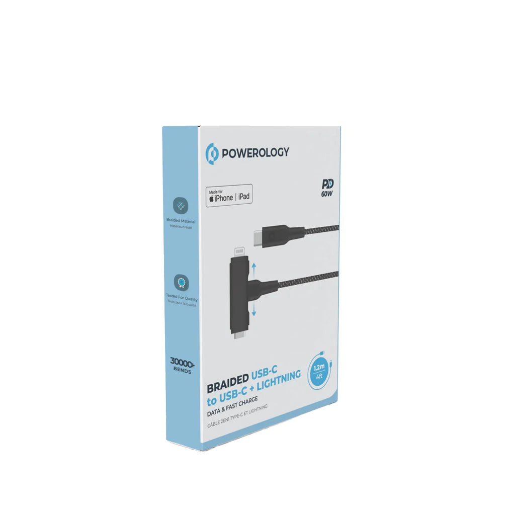 كابل باورولوجي MFI مضفر Type C إلى Type C و Lightning 2 في 1 بطول 1.2 متر أبيض PCAB007WH