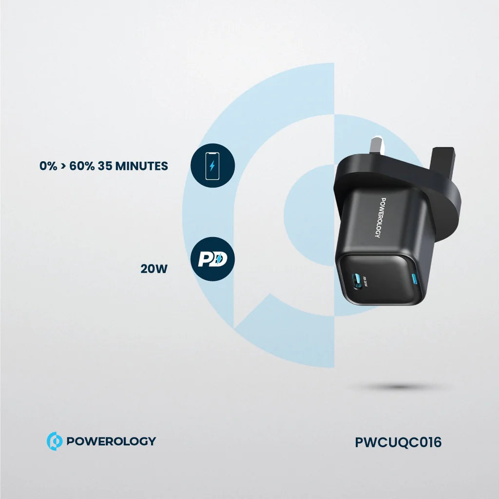شاحن سريع Powerology Ultra Compact GaN Charger 20W USB C أسود PWCUQC016