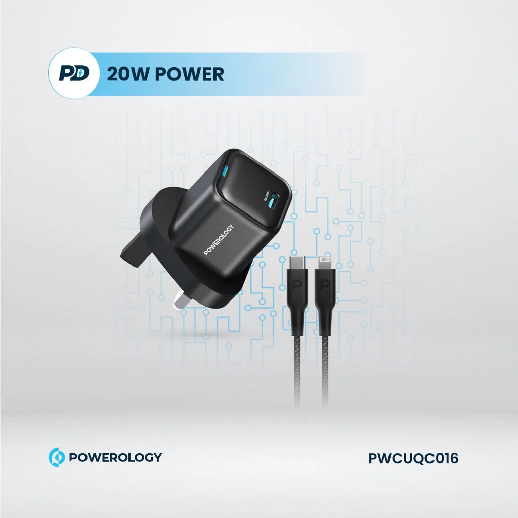 شاحن سريع Powerology Ultra Compact GaN Charger 20W USB C أسود PWCUQC016