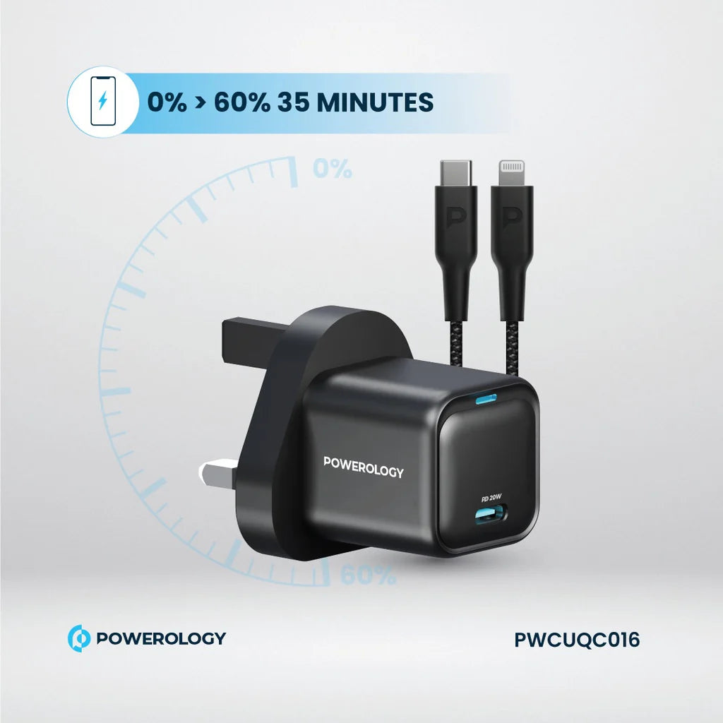 شاحن سريع Powerology Ultra Compact GaN Charger 20W USB C أسود PWCUQC016