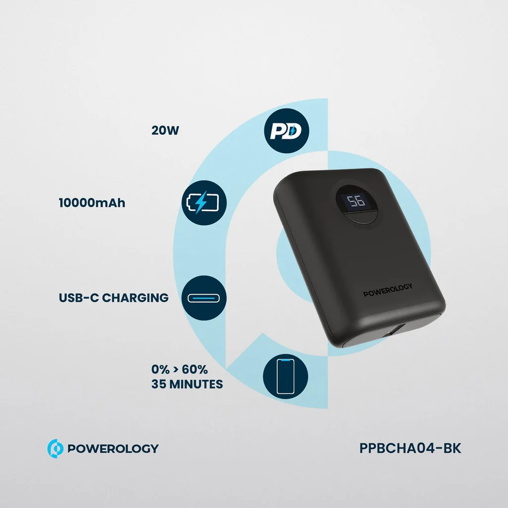 باور بنك Powerology Ultra Compact Power Bank سعة 10000mAh شحن سريع PD 20W أسود PPBCHA04-BK