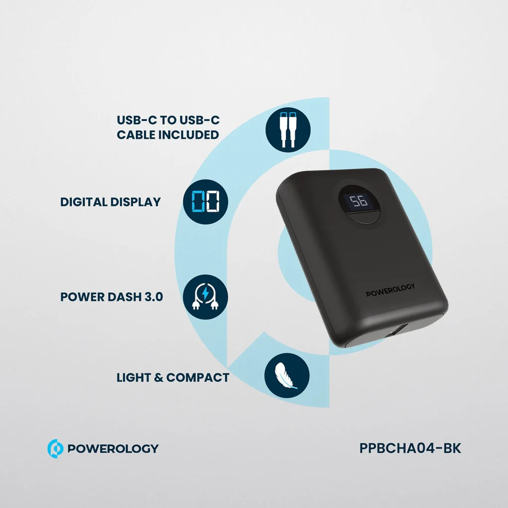 باور بنك Powerology Ultra Compact Power Bank سعة 10000mAh شحن سريع PD 20W أسود PPBCHA04-BK