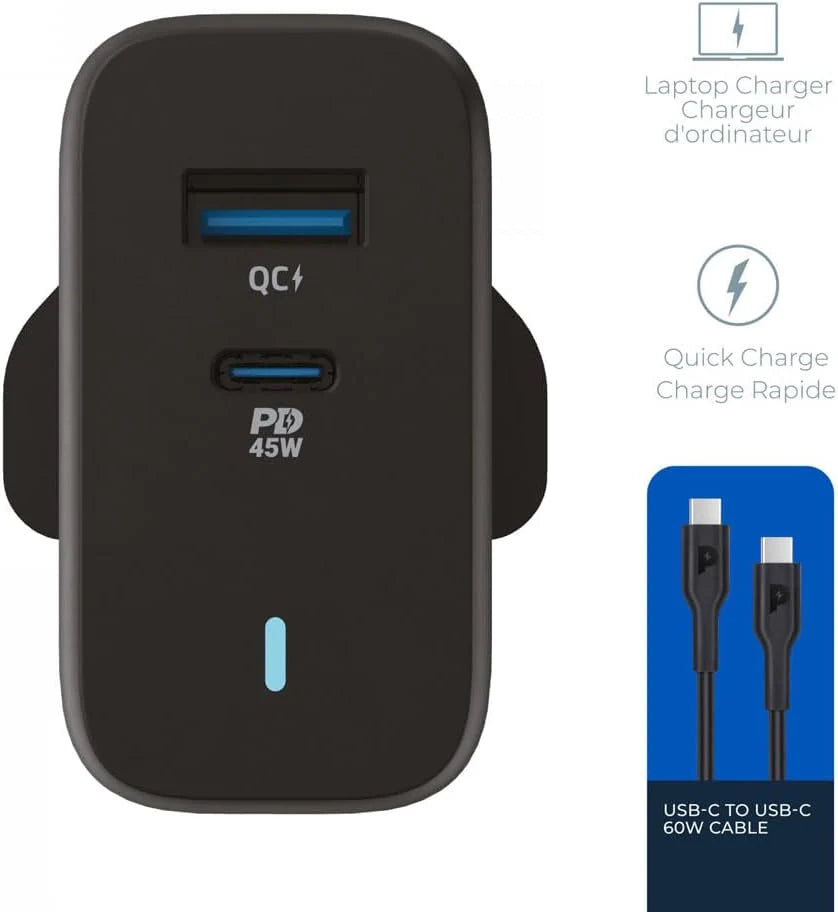 شاحن سريع Powerology Ultra Quick GaN Charger 63W USB C و USB A أسود PPCAB007BK