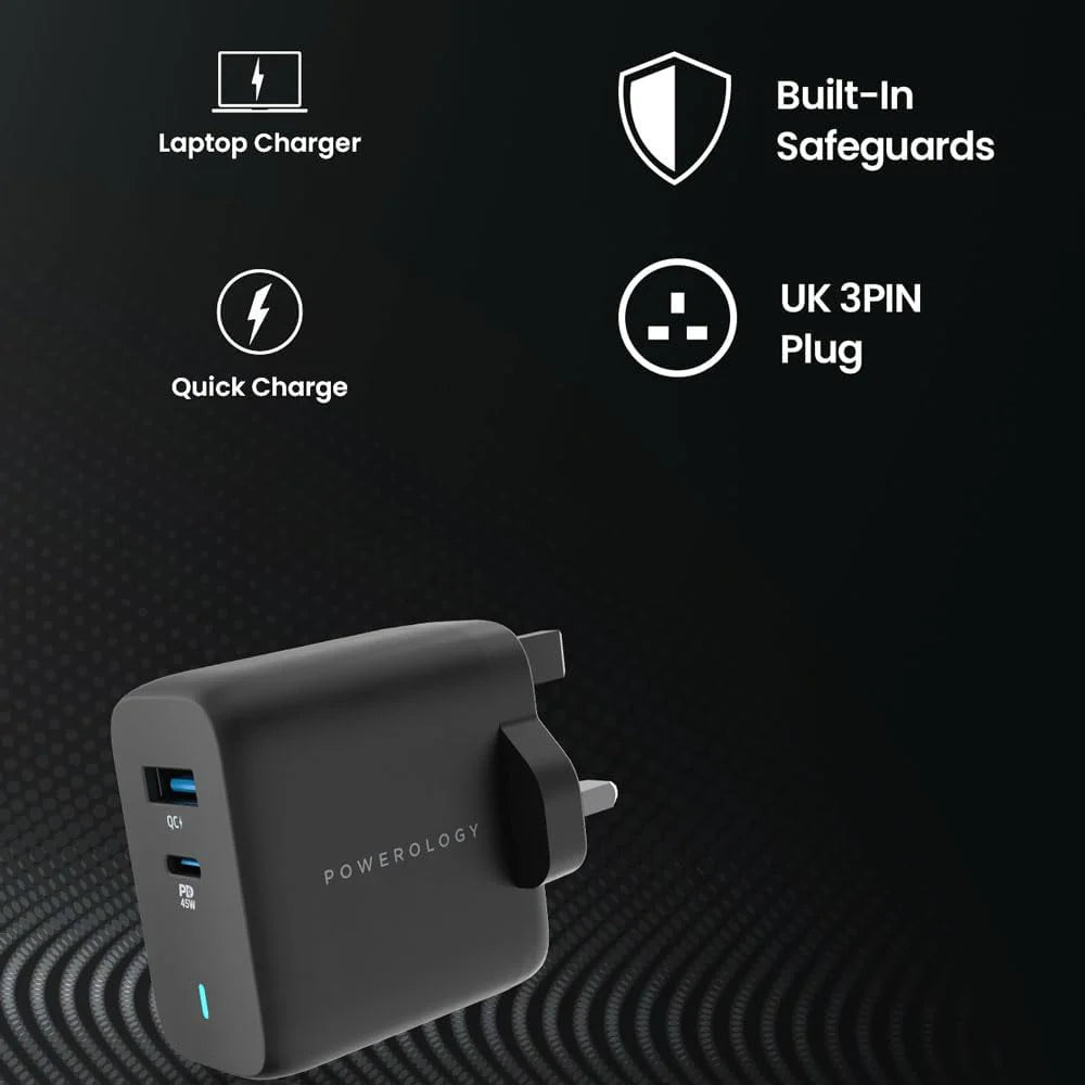 شاحن سريع Powerology Ultra Quick GaN Charger 63W USB C و USB A أسود PPCAB007BK